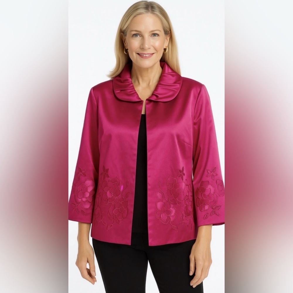 Chico’s Fuchsia Satin Floral Embroidered Jacket Quiet Luxury Party Chic Large 2